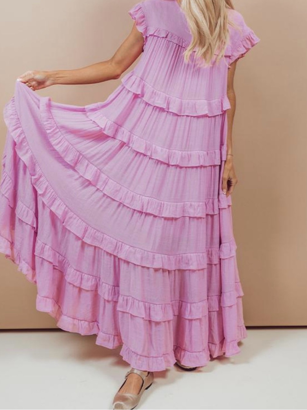 Layered Ruffle Maxi Dress in Soft Pink